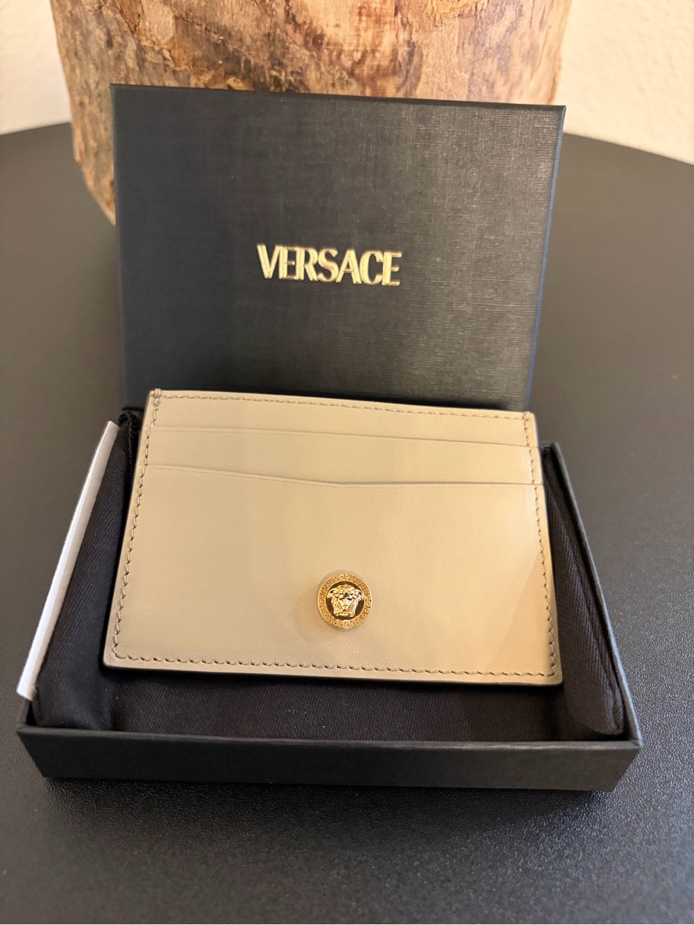 NWT Versace Beige Leather Card Case with Gold Emblem